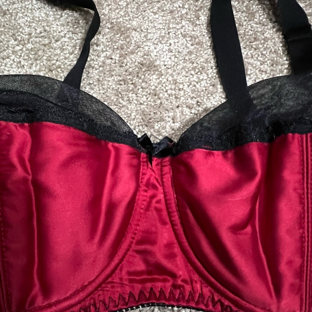 Secrets in Lace Satin Underwire Bra in Deep Burgundy with Black Trim - Picture 2 of 6